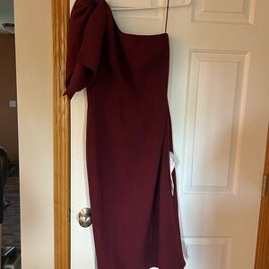 Dress the Population Burgundy One Shoulder midi Cocktail Dress